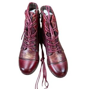 LARTISTE Spring Step NWB Burgundy Floral Embossed Lace Up Side Zip Boots Size 37